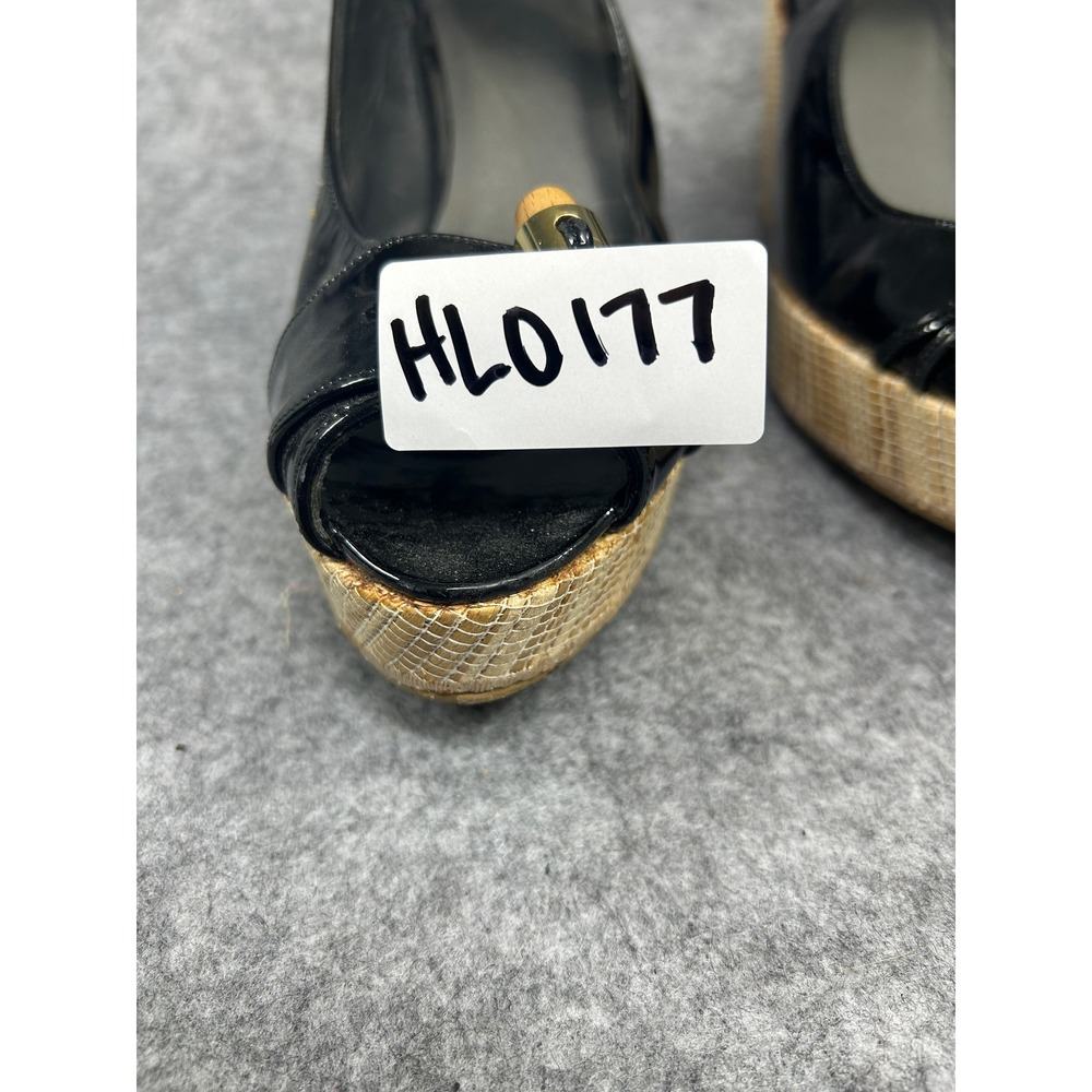 Stuart Weitzman Womens Slingback Wedge 8 Black Patent Leather Bamboo Detail - Picture 8 of 8